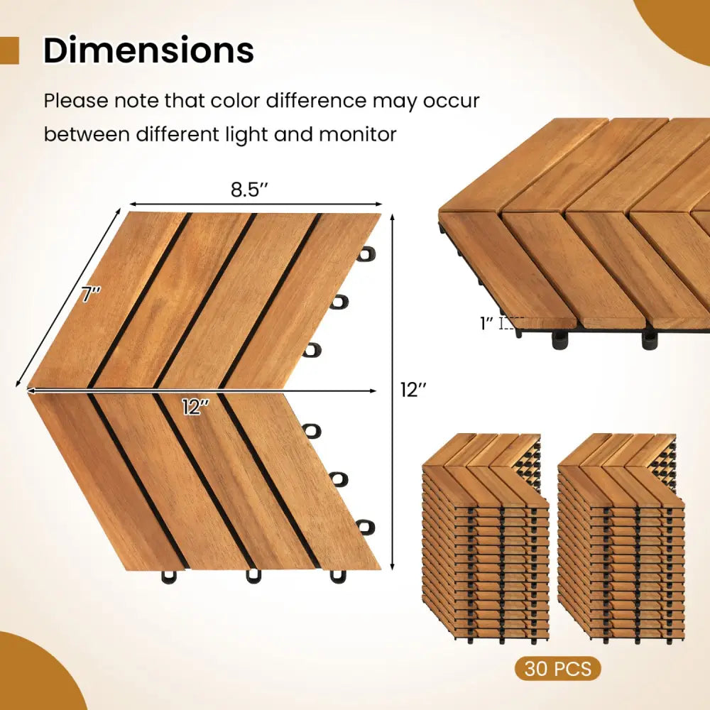 12 x 12 Inch 30 Pieces Acacia Wood Interlocking Deck Tiles- Natural - Natural - Outdoor Deck Tiles & Planks