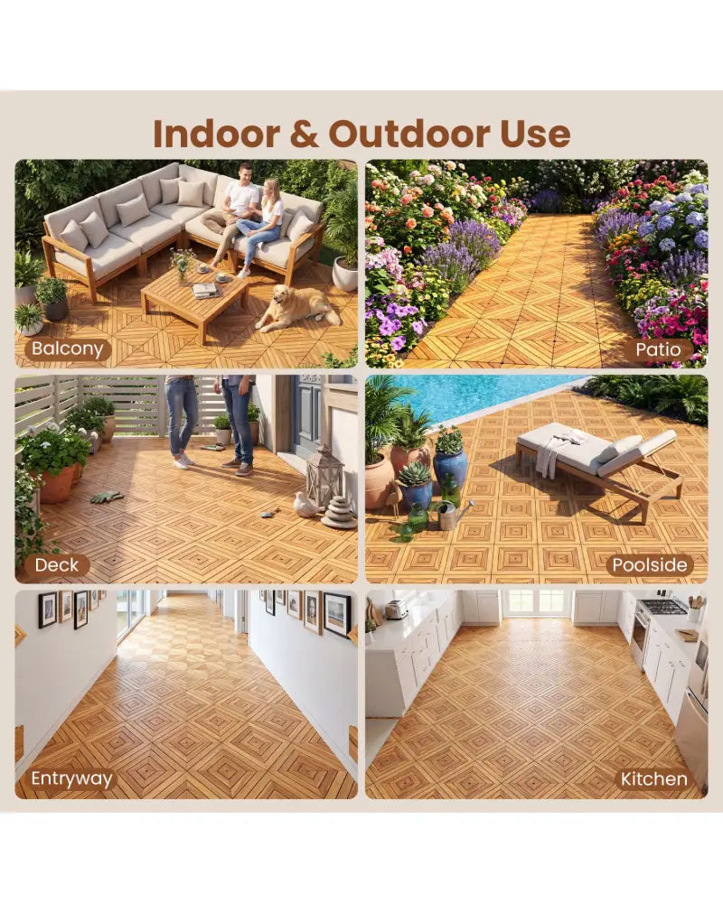 12 x 12 Inch 48 Pieces Acacia Wood Interlocking Deck Tiles with Waterproof Design-Natural - Natural - Outdoor Deck