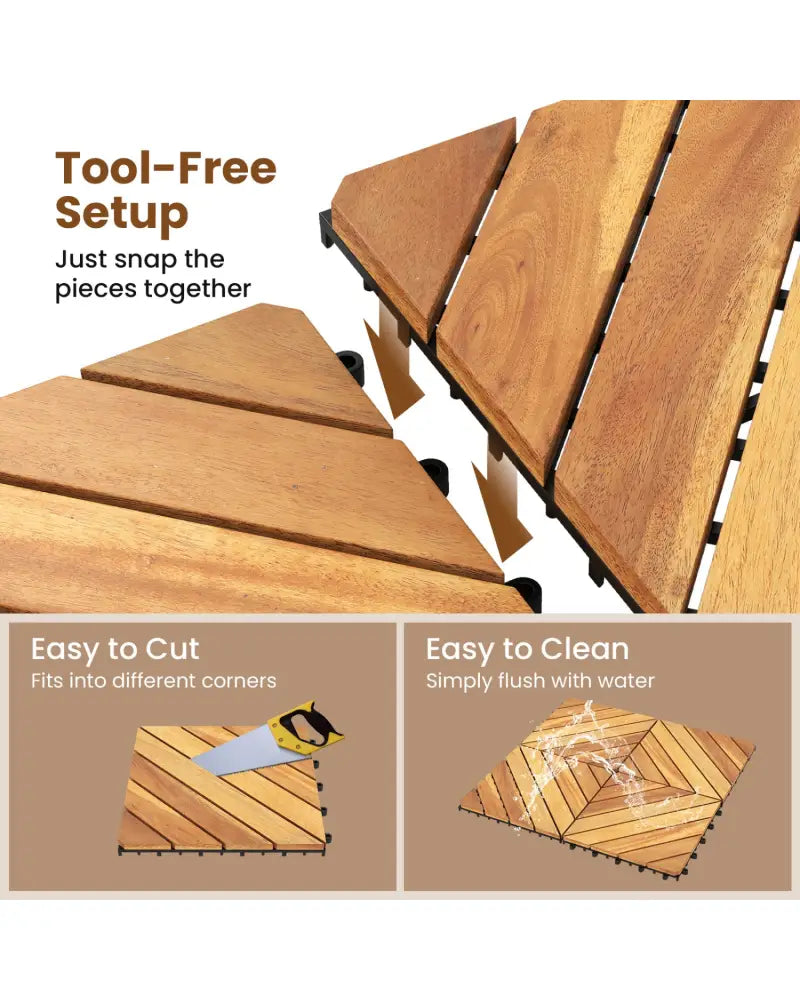 12 x 12 Inch 48 Pieces Acacia Wood Interlocking Deck Tiles with Waterproof Design-Natural - Natural - Outdoor Deck