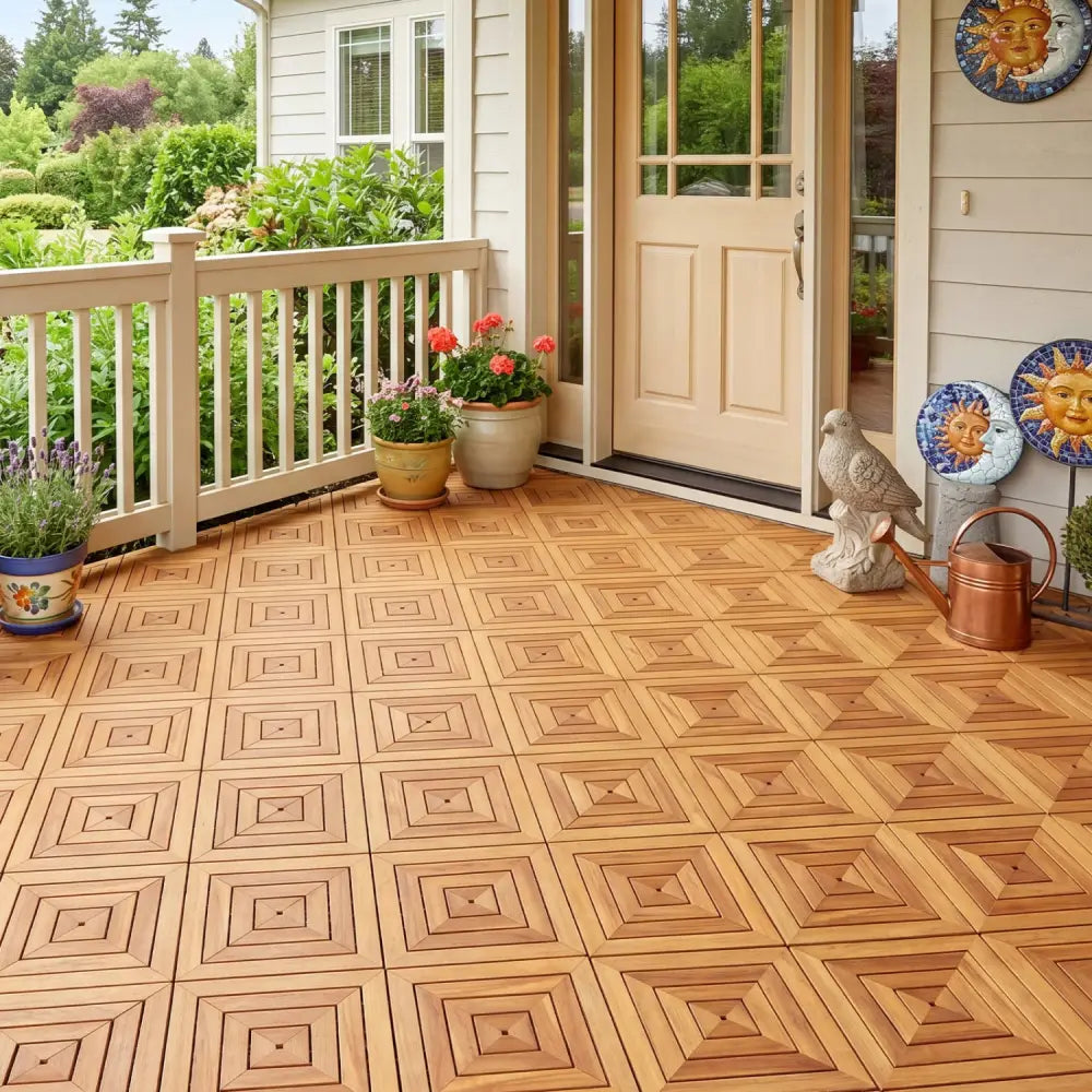 12 x 12 Inch 48 Pieces Acacia Wood Interlocking Deck Tiles with Waterproof Design-Natural - Natural - Outdoor Deck