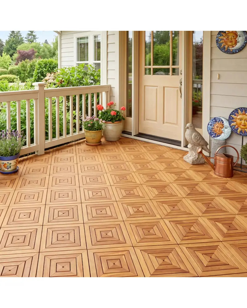 12 x 12 Inch 48 Pieces Acacia Wood Interlocking Deck Tiles with Waterproof Design-Natural - Natural - Outdoor Deck