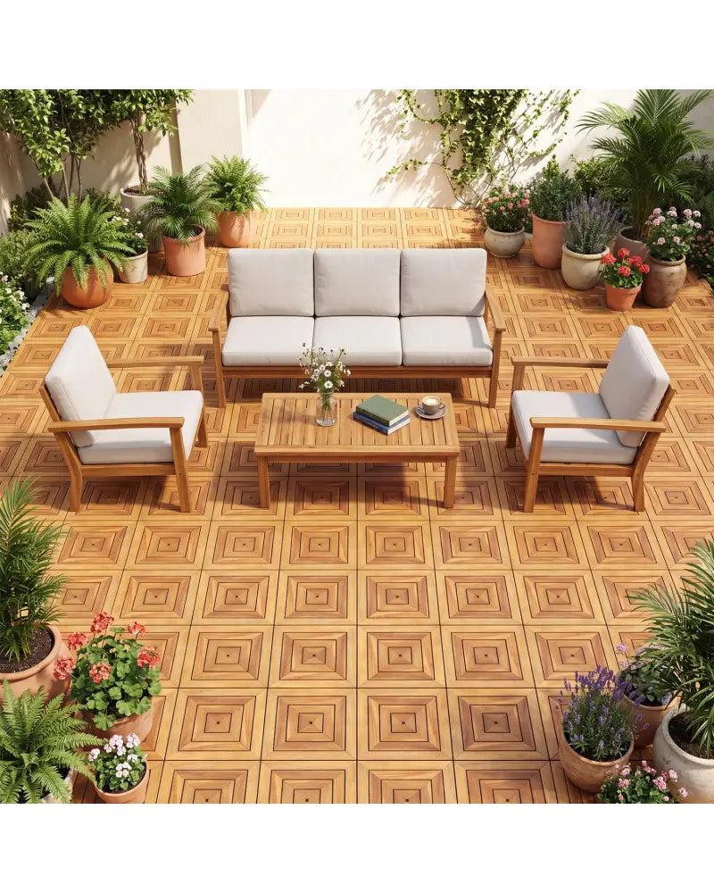 12 x 12 Inch 48 Pieces Acacia Wood Interlocking Deck Tiles with Waterproof Design-Natural - Natural - Outdoor Deck
