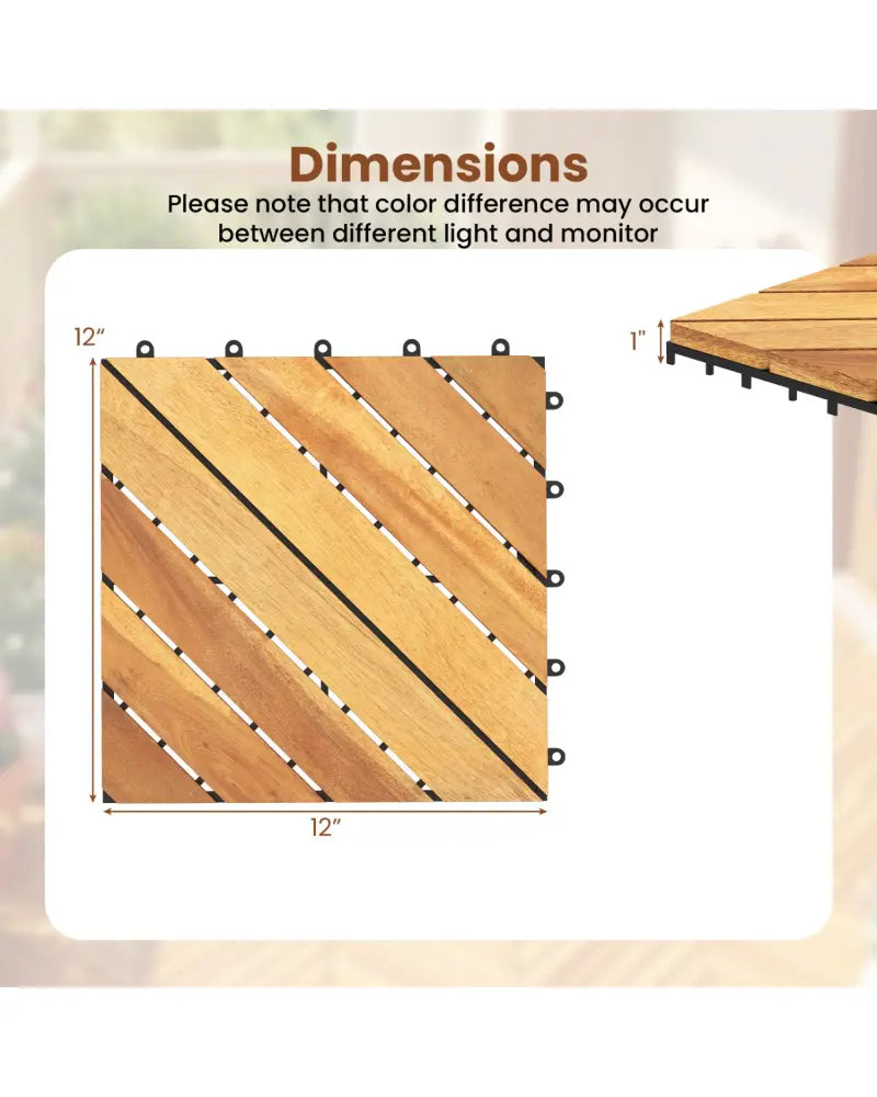 12 x 12 Inch 48 Pieces Acacia Wood Interlocking Deck Tiles with Waterproof Design-Natural - Natural - Outdoor Deck