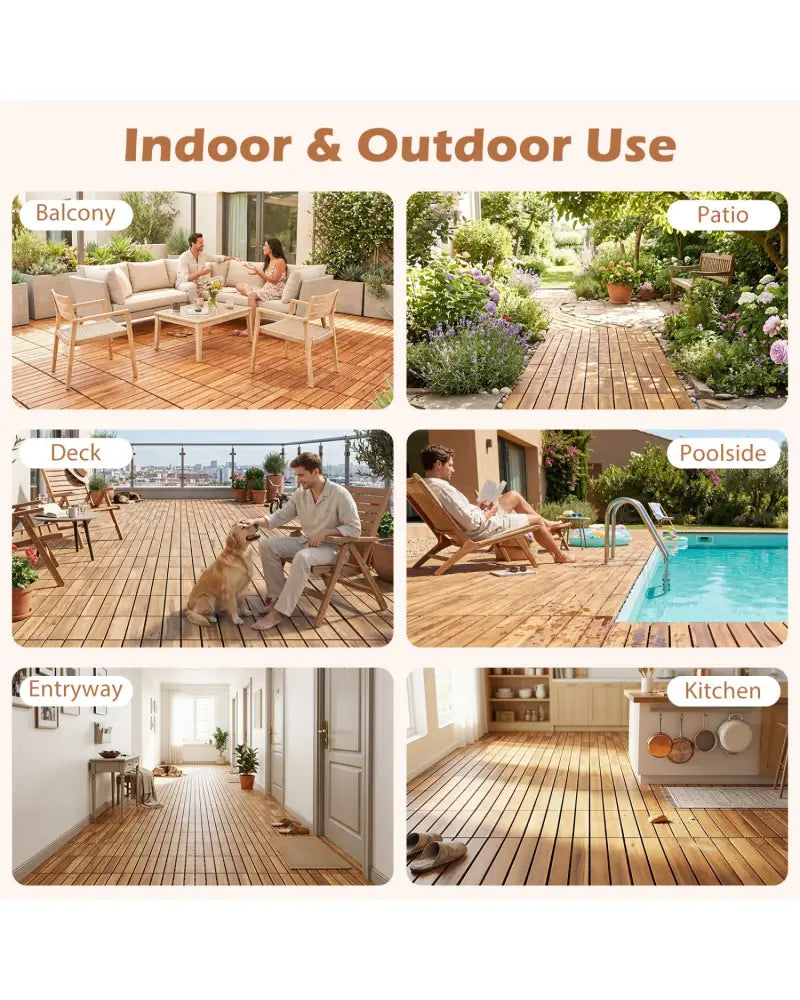 12 x 12 Inch 54 Pieces Acacia Wood Interlocking Deck Tiles with Waterproof Design-Natural - Natural - Outdoor Deck