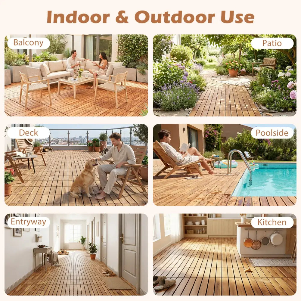 12 x 12 Inch 54 Pieces Acacia Wood Interlocking Deck Tiles with Waterproof Design-Natural - Natural - Outdoor Deck