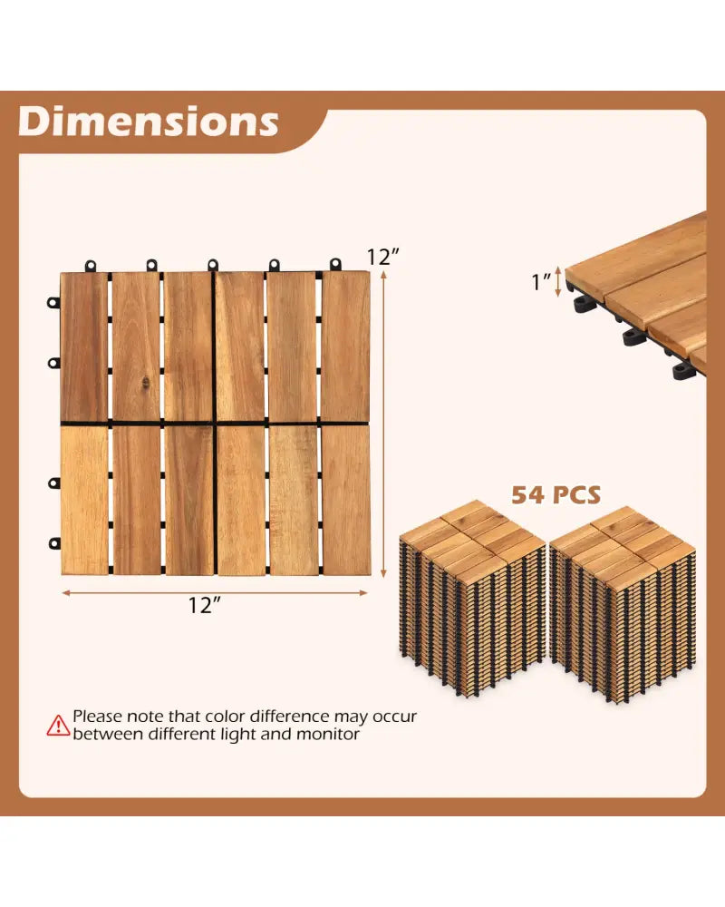 12 x 12 Inch 54 Pieces Acacia Wood Interlocking Deck Tiles with Waterproof Design-Natural - Natural - Outdoor Deck