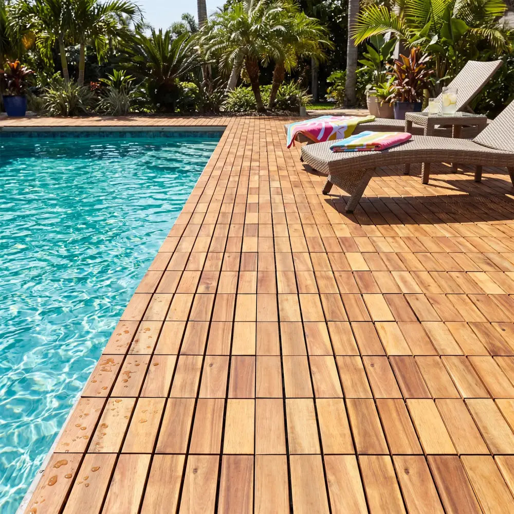 12 x 12 Inch 54 Pieces Acacia Wood Interlocking Deck Tiles with Waterproof Design-Natural - Natural - Outdoor Deck