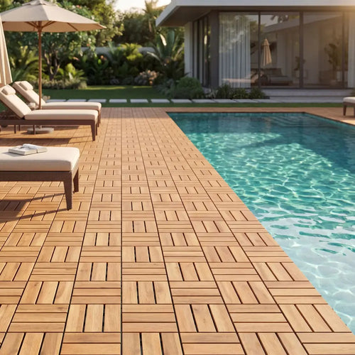 12 x 12 Inch 54 Pieces Acacia Wood Interlocking Deck Tiles with Waterproof Design-Natural - Natural - Outdoor Deck