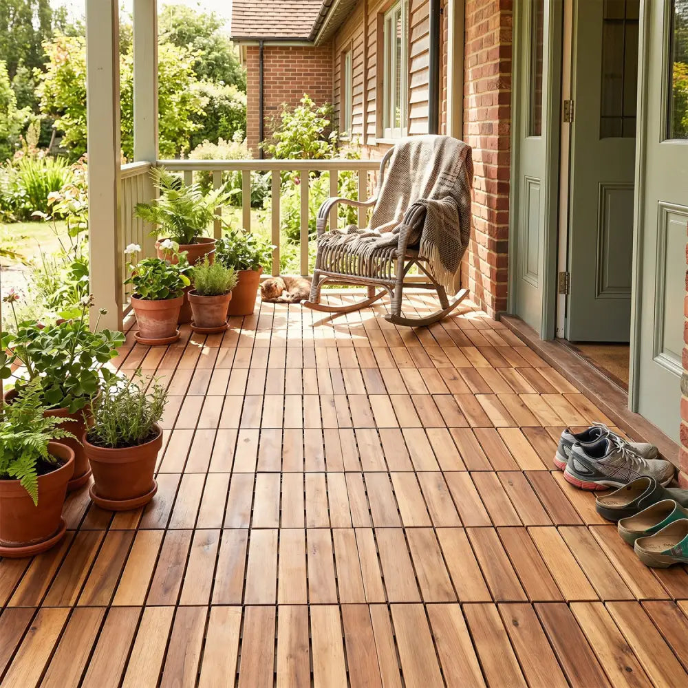 12 x 12 Inch 54 Pieces Acacia Wood Interlocking Deck Tiles with Waterproof Design-Natural - Natural - Outdoor Deck