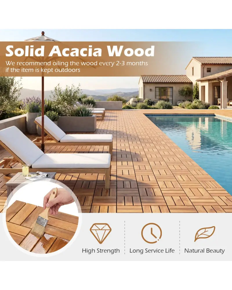 12 x 12 Inch 54 Pieces Acacia Wood Interlocking Deck Tiles with Waterproof Design-Natural - Natural - Outdoor Deck