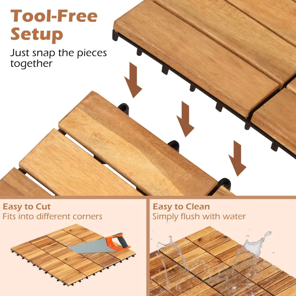 12 x 12 Inch 54 Pieces Acacia Wood Interlocking Deck Tiles with Waterproof Design-Natural - Natural - Outdoor Deck