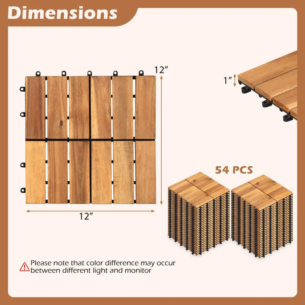 12 x 12 Inch 54 Pieces Acacia Wood Interlocking Deck Tiles with Waterproof Design-Natural - Natural - Outdoor Deck