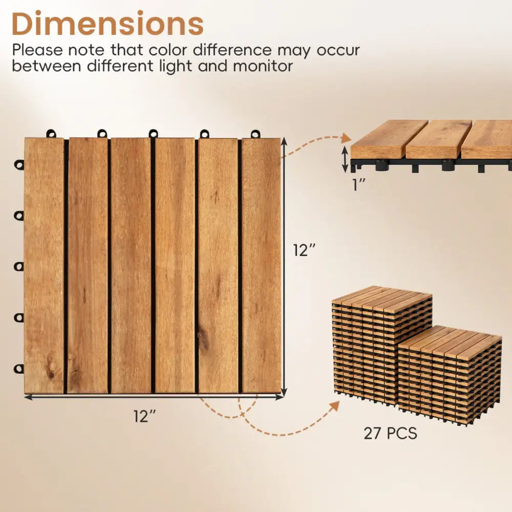 12 x 12 Inch 54 Pieces Acacia Wood Interlocking Deck Tiles-Natural - Natural - Outdoor Deck Tiles & Planks