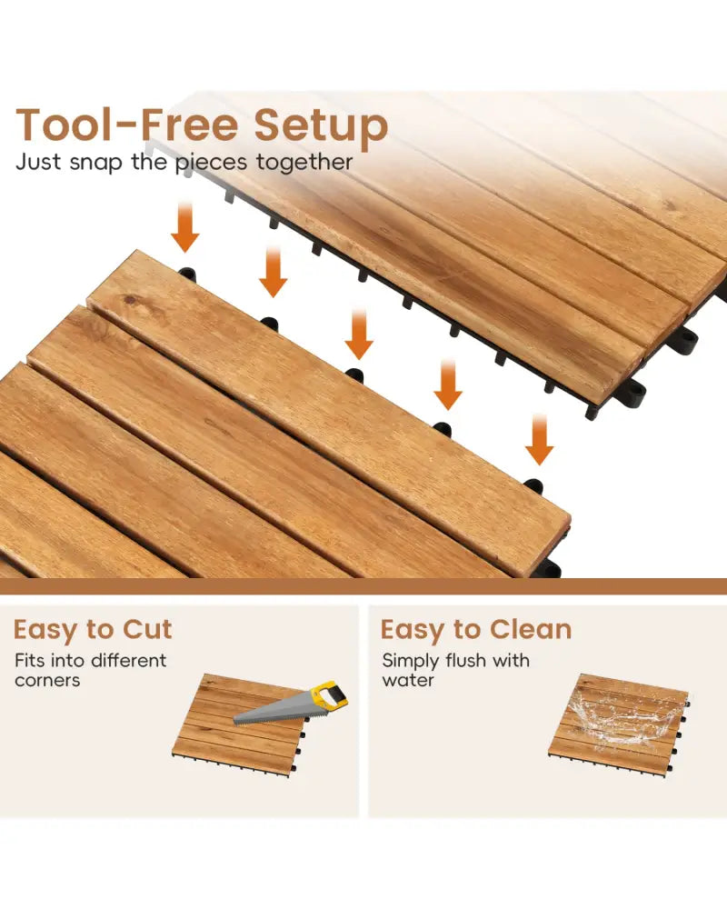 12 x 12 Inch 54 Pieces Acacia Wood Interlocking Deck Tiles-Natural - Natural - Outdoor Deck Tiles & Planks