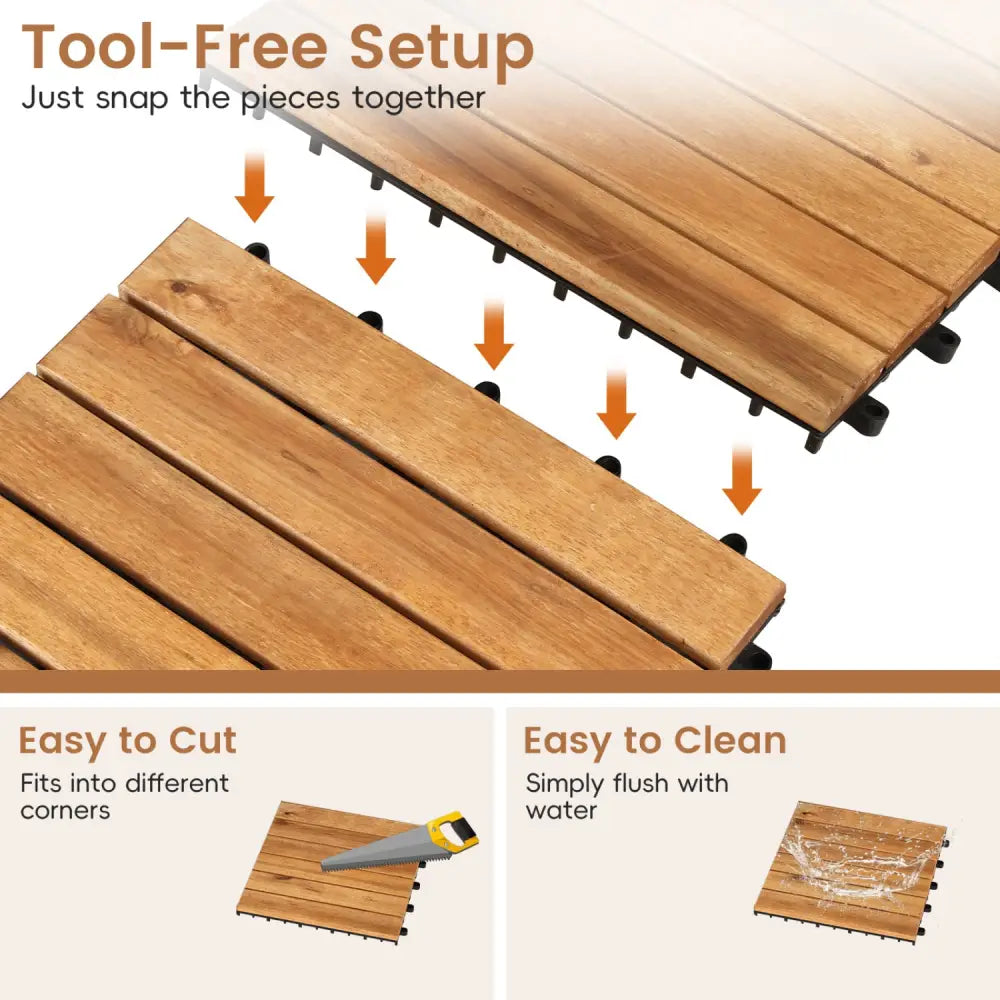 12 x 12 Inch 54 Pieces Acacia Wood Interlocking Deck Tiles-Natural - Natural - Outdoor Deck Tiles & Planks