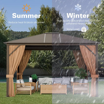 12 x10 Feet Outdoor Hardtop Gazebo with Galvanized Steel Top and Netting-Brown - Brown - Outdoor Shades