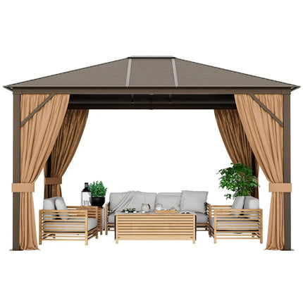 12 x10 Feet Outdoor Hardtop Gazebo with Galvanized Steel Top and Netting-Brown - Brown - Outdoor Shades