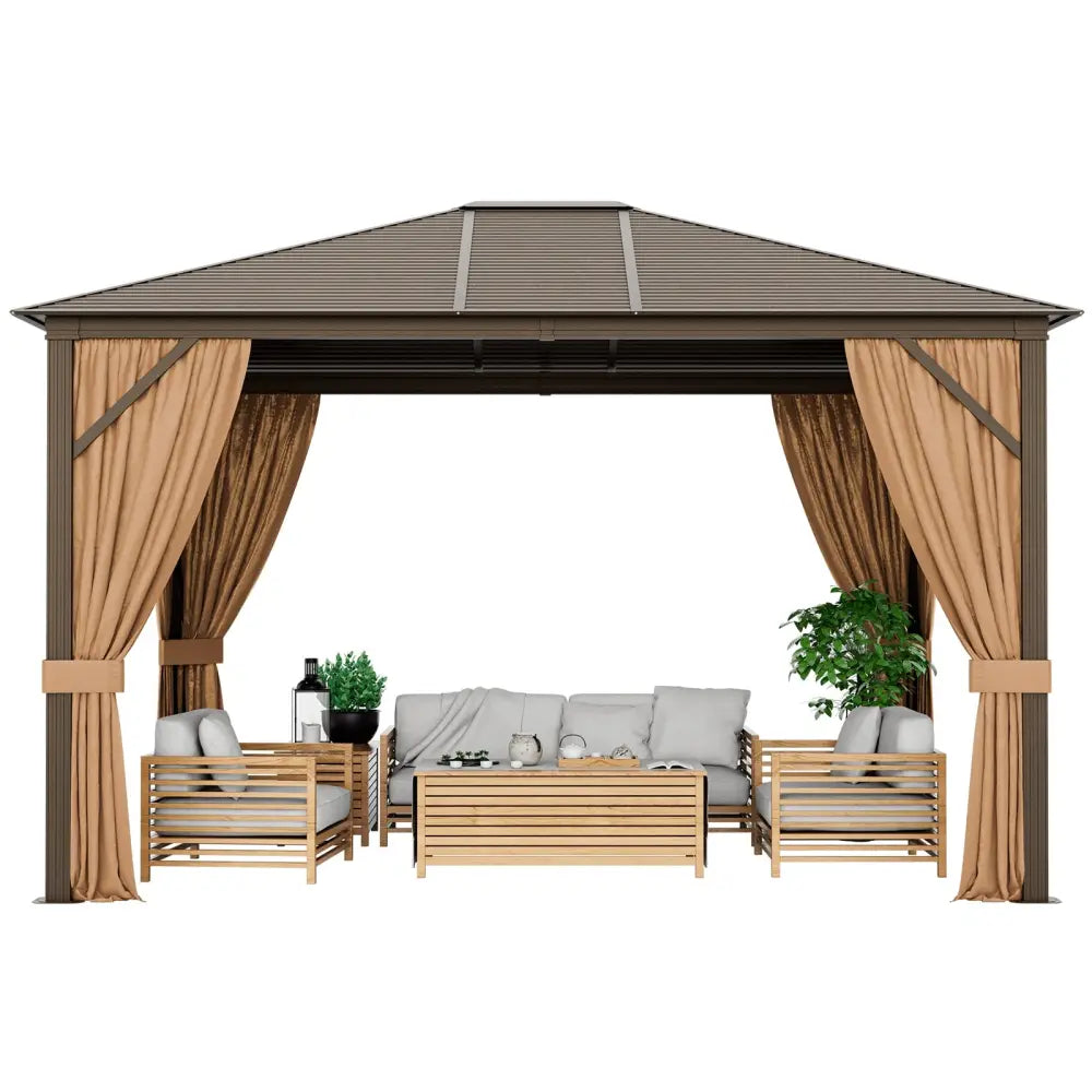 12 x10 Feet Outdoor Hardtop Gazebo with Galvanized Steel Top and Netting-Brown - Brown - Outdoor Shades