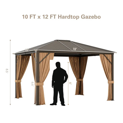12 x10 Feet Outdoor Hardtop Gazebo with Galvanized Steel Top and Netting-Brown - Brown - Outdoor Shades