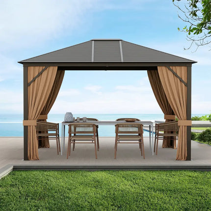 12 x10 Feet Outdoor Hardtop Gazebo with Galvanized Steel Top and Netting-Brown - Brown - Outdoor Shades