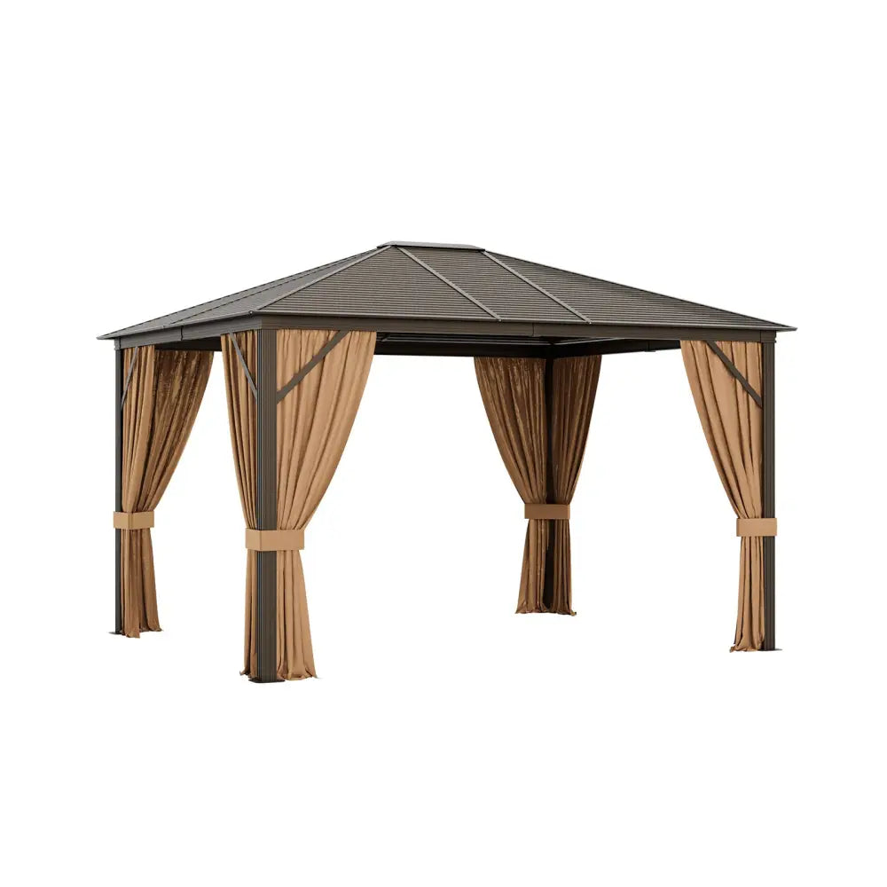 12 x10 Feet Outdoor Hardtop Gazebo with Galvanized Steel Top and Netting-Brown - Brown - Outdoor Shades