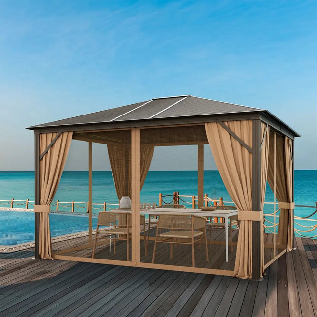 12 x10 Feet Outdoor Hardtop Gazebo with Galvanized Steel Top and Netting-Brown - Brown - Outdoor Shades