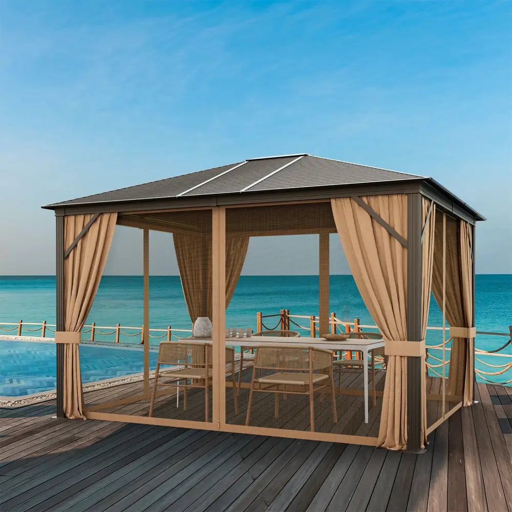 12 x10 Feet Outdoor Hardtop Gazebo with Galvanized Steel Top and Netting-Brown - Brown - Outdoor Shades