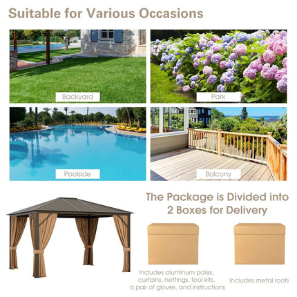 12 x10 Feet Outdoor Hardtop Gazebo with Galvanized Steel Top and Netting-Brown - Brown - Outdoor Shades