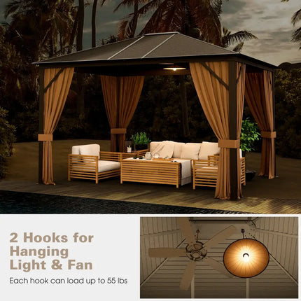 12 x10 Feet Outdoor Hardtop Gazebo with Galvanized Steel Top and Netting-Brown - Brown - Outdoor Shades