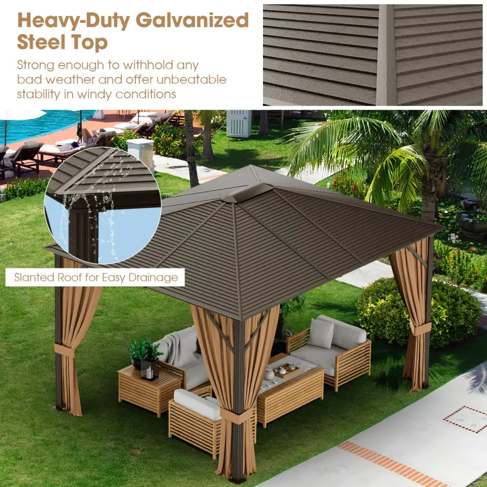 12 x10 Feet Outdoor Hardtop Gazebo with Galvanized Steel Top and Netting-Brown - Brown - Outdoor Shades