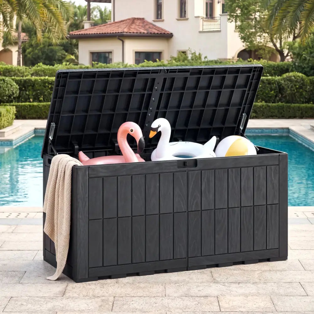 120 Gal Outdoor Deck Box with Lid and Handles for Garden Tools-Black - Black - Sheds & Outdoor Storage