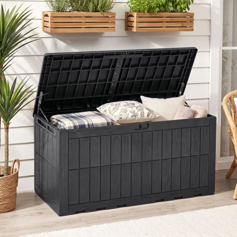 120 Gal Outdoor Deck Box with Lid and Handles for Garden Tools-Black - Black - Sheds & Outdoor Storage