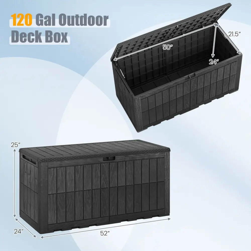 120 Gal Outdoor Deck Box with Lid and Handles for Garden Tools-Black - Black - Sheds & Outdoor Storage