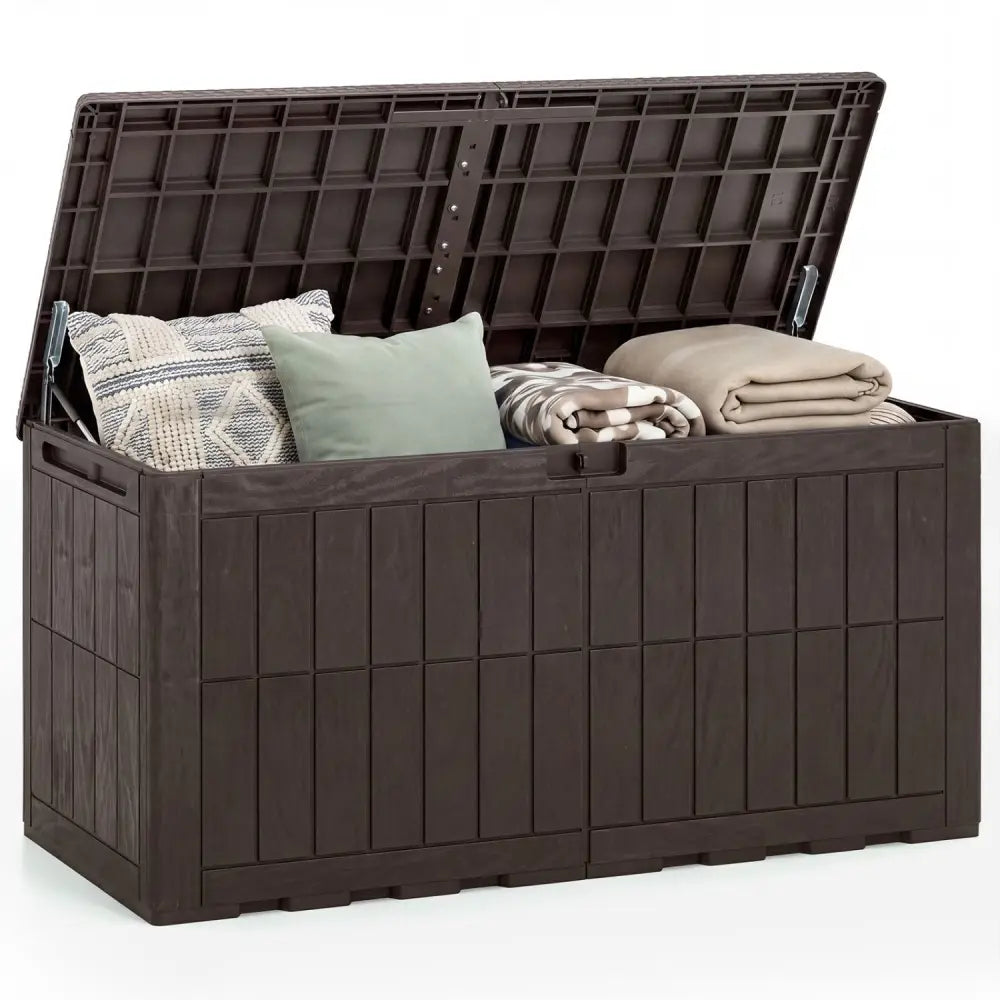 120 Gal Outdoor Deck Box with Lid and Handles for Garden Tools-Brown - Brown - Sheds & Outdoor Storage