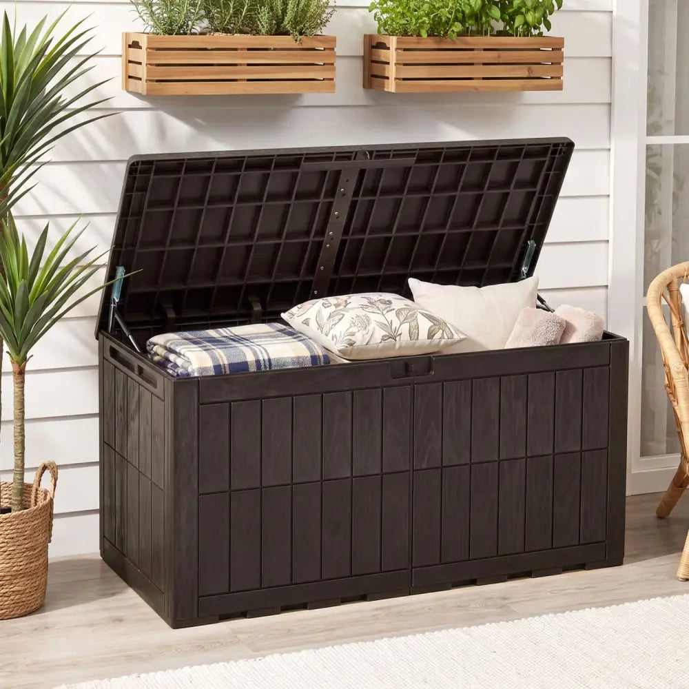 120 Gal Outdoor Deck Box with Lid and Handles for Garden Tools-Brown - Brown - Sheds & Outdoor Storage