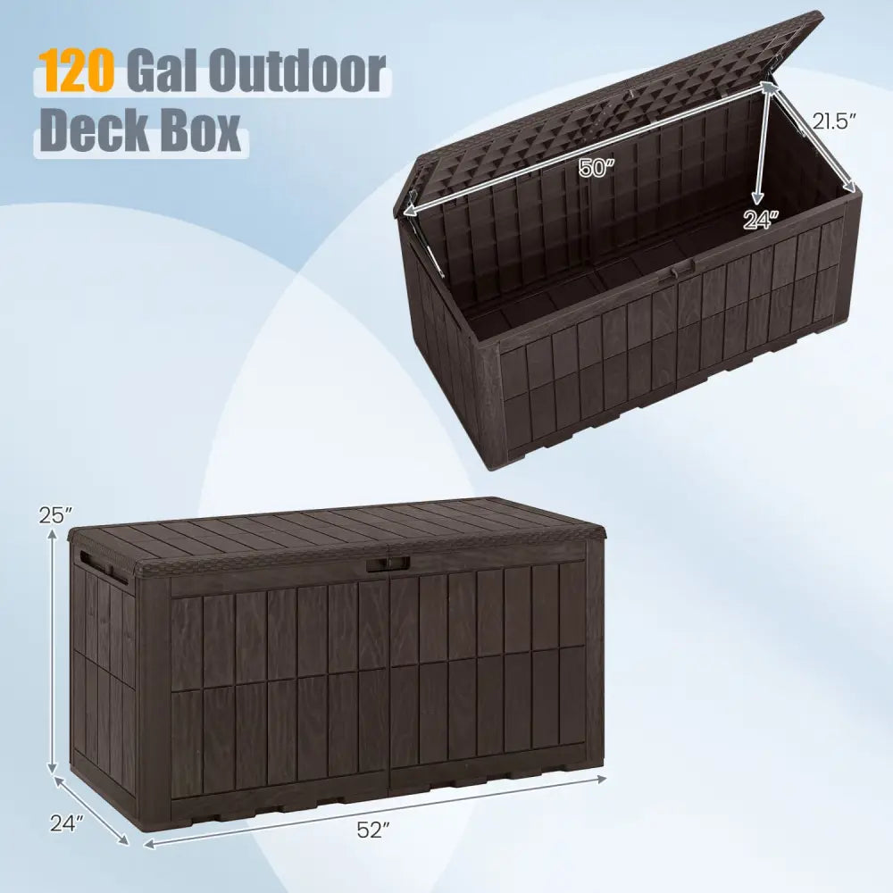120 Gal Outdoor Deck Box with Lid and Handles for Garden Tools-Brown - Brown - Sheds & Outdoor Storage