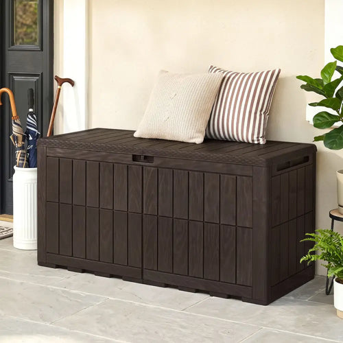 120 Gal Outdoor Deck Box with Lid and Handles for Garden Tools-Brown - Brown - Sheds & Outdoor Storage
