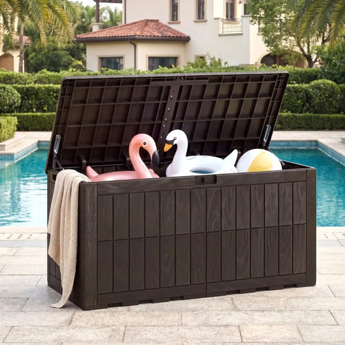 120 Gal Outdoor Deck Box with Lid and Handles for Garden Tools-Brown - Brown - Sheds & Outdoor Storage