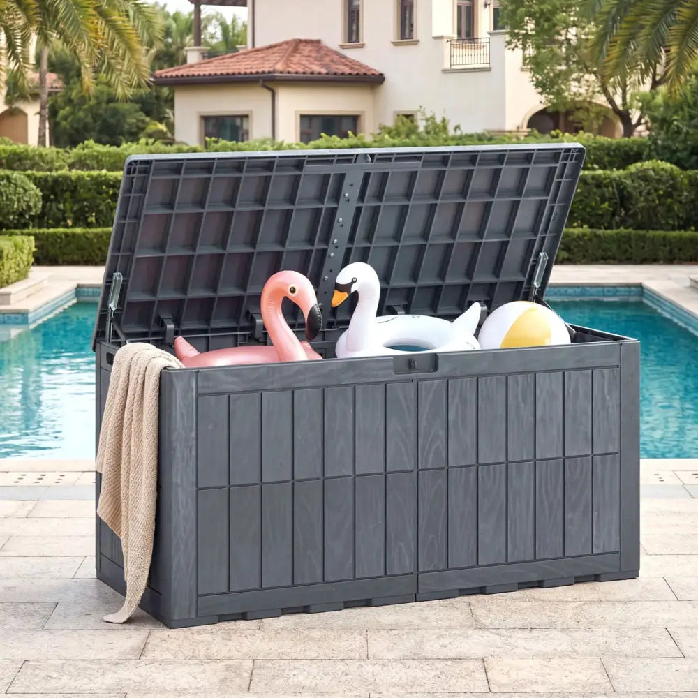 120 Gal Outdoor Deck Box with Lid and Handles for Garden Tools-Grey - Gray - Sheds & Outdoor Storage