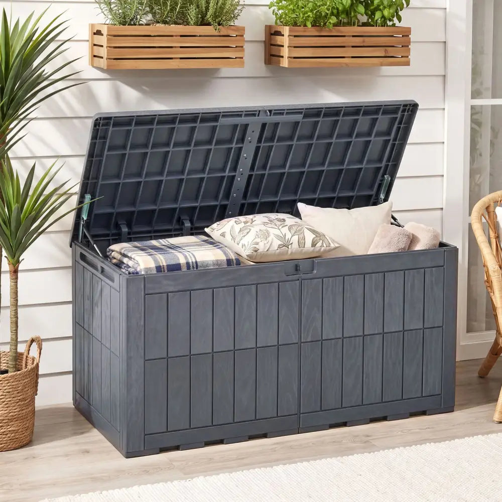 120 Gal Outdoor Deck Box with Lid and Handles for Garden Tools-Grey - Gray - Sheds & Outdoor Storage