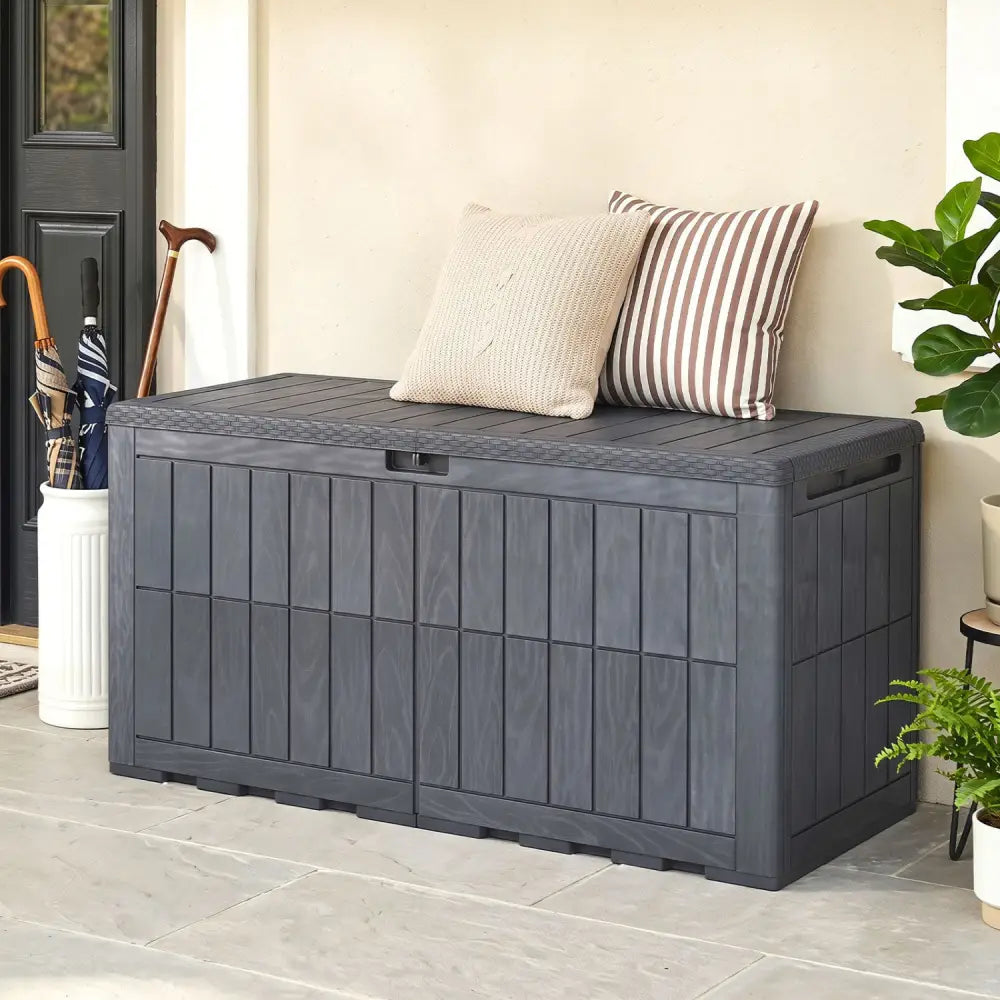 120 Gal Outdoor Deck Box with Lid and Handles for Garden Tools-Grey - Gray - Sheds & Outdoor Storage