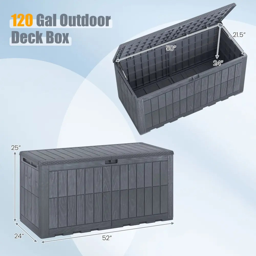 120 Gal Outdoor Deck Box with Lid and Handles for Garden Tools-Grey - Gray - Sheds & Outdoor Storage