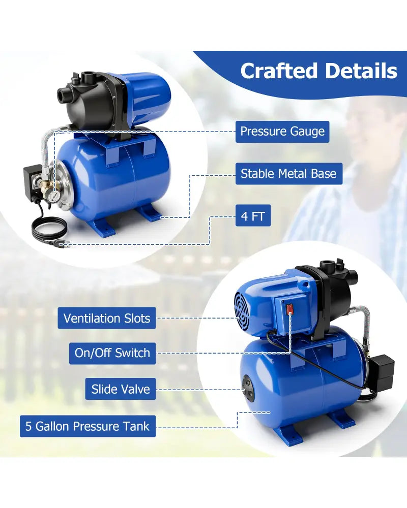 1200 W Garden Water Pump Shallow Well Pressurized Irrigation-Blue - Blue - Watering & Irrigation