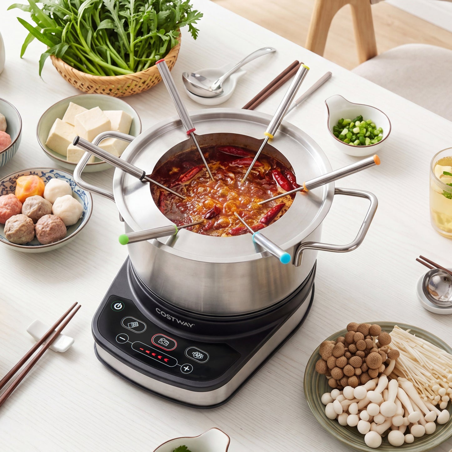 1200W Electric Fondue Pot Set with 3 L Removable Pot 6 Color-Coded Fork