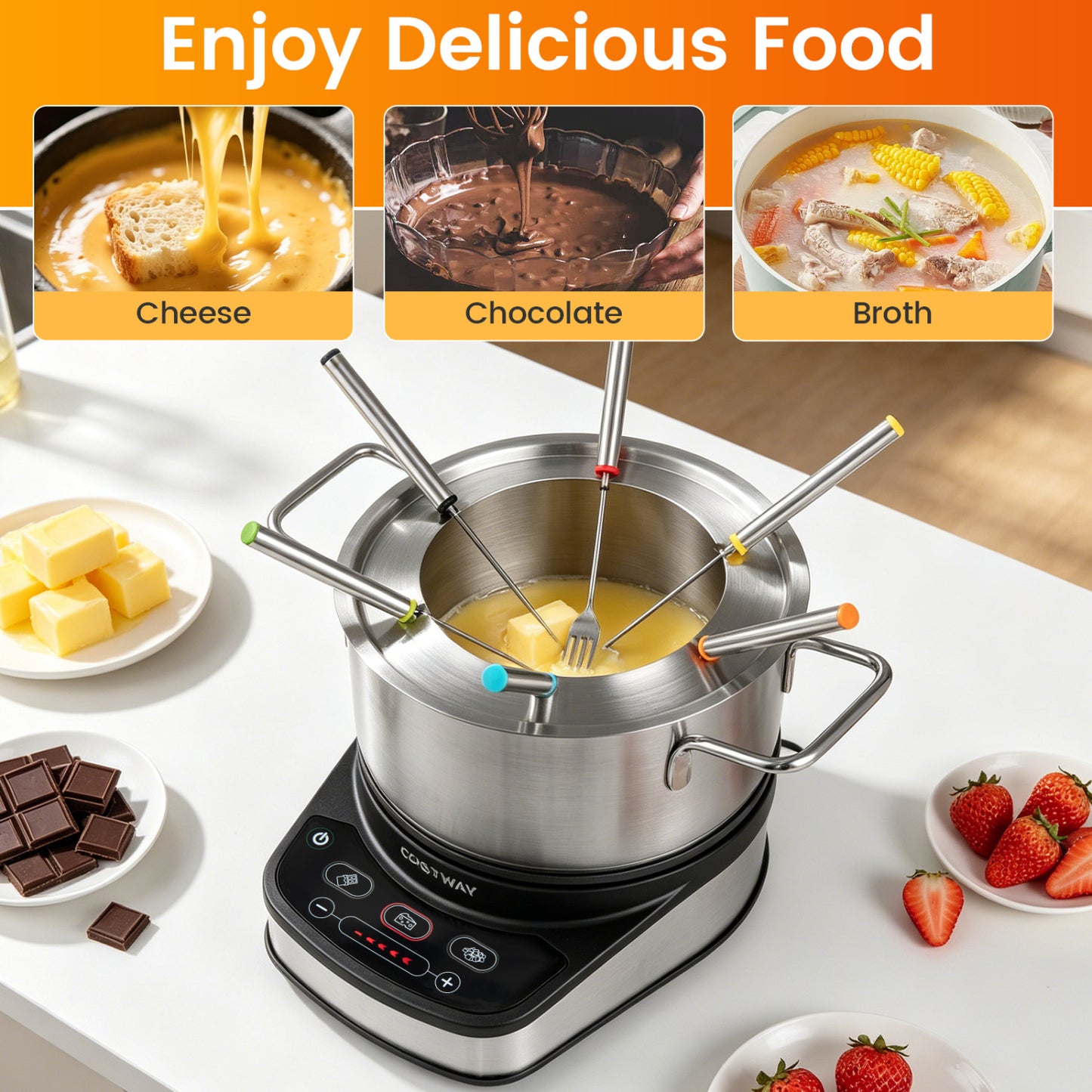 1200W Electric Fondue Pot Set with 3 L Removable Pot 6 Color-Coded Fork