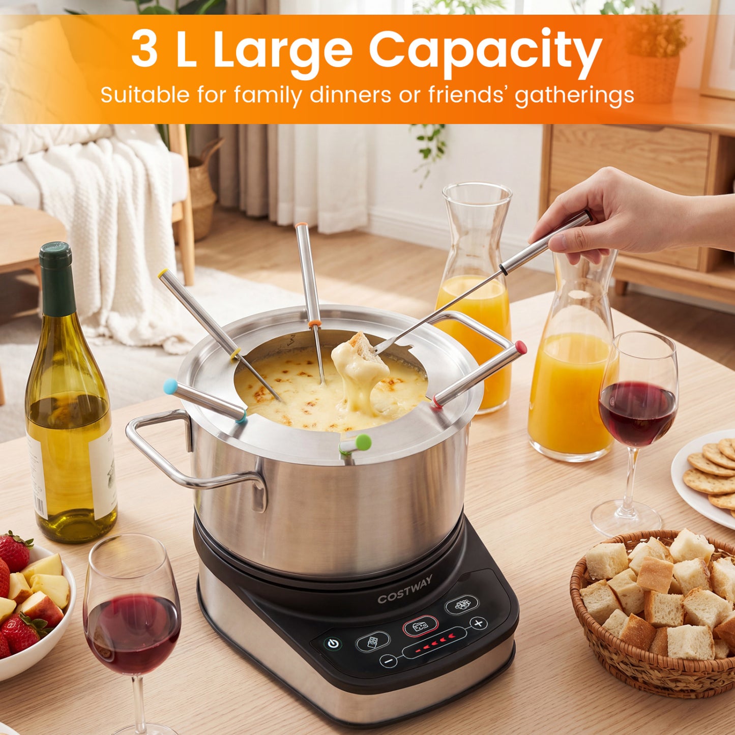 1200W Electric Fondue Pot Set with 3 L Removable Pot 6 Color-Coded Fork