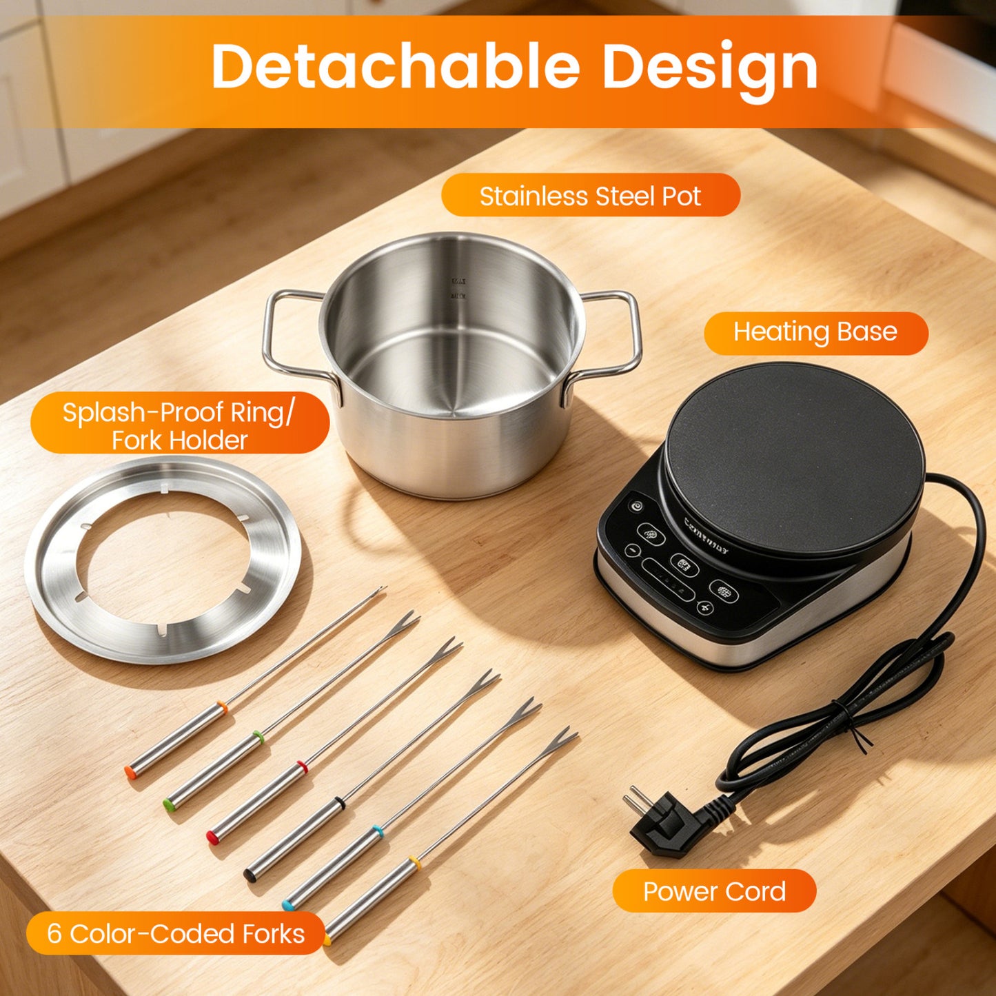 1200W Electric Fondue Pot Set with 3 L Removable Pot 6 Color-Coded Fork