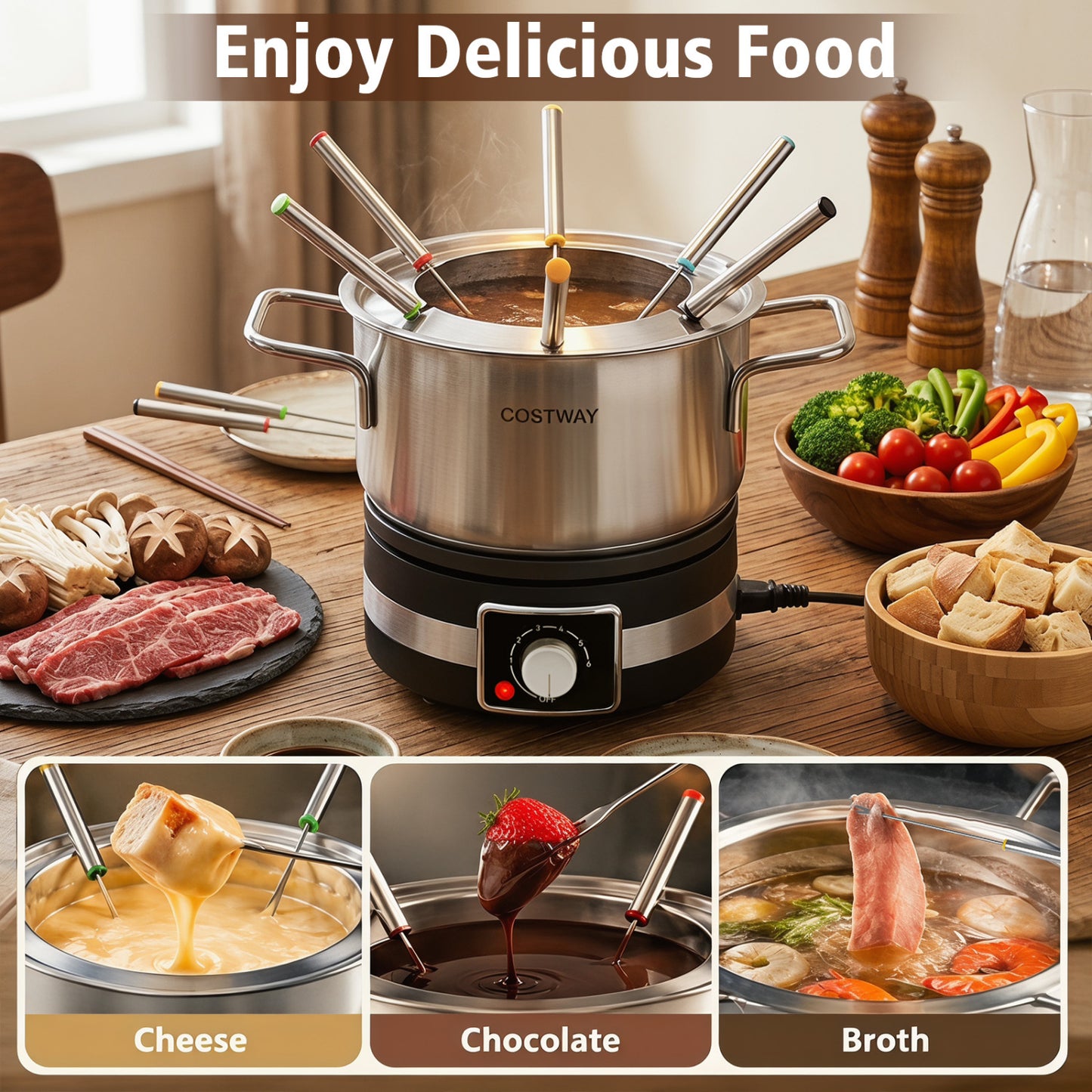 1200W Electric Fondue Pot Set with Removable Stainless Steel Pot and 6 Forks