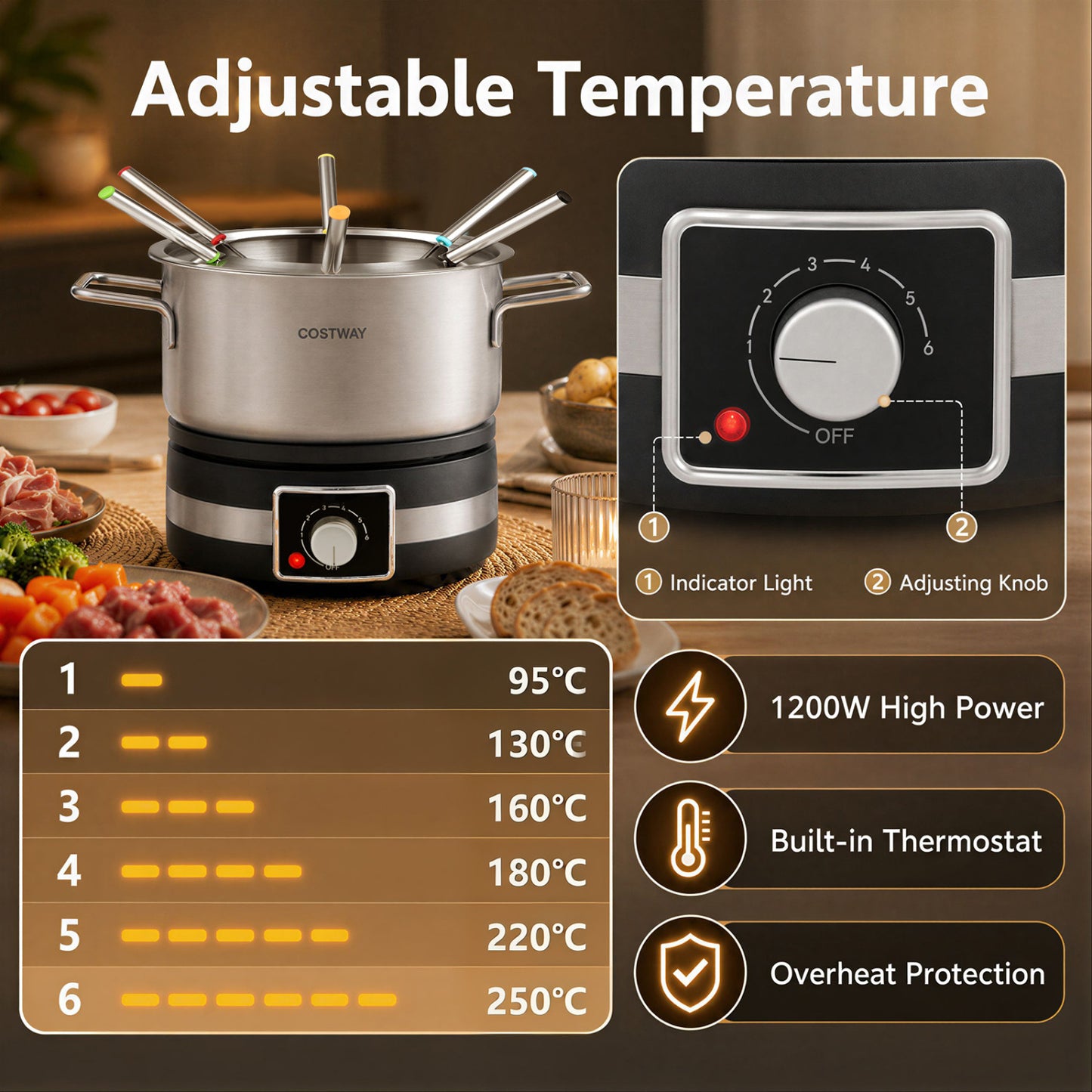 1200W Electric Fondue Pot Set with Removable Stainless Steel Pot and 6 Forks