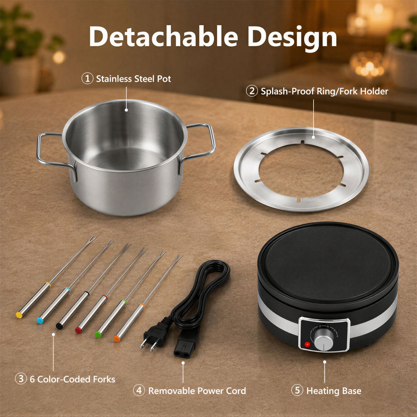 1200W Electric Fondue Pot Set with Removable Stainless Steel Pot and 6 Forks